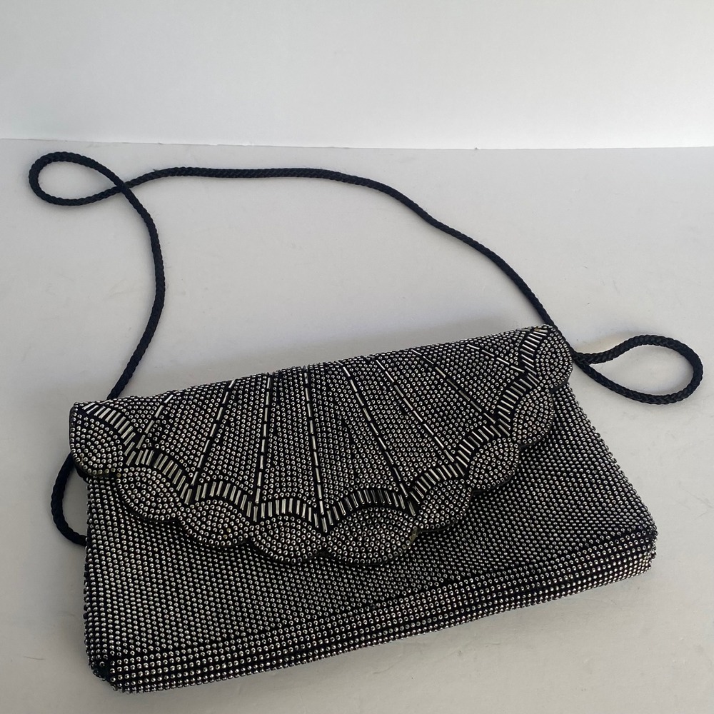Beaded Evening Clutch Bag Womens Black Silver Scalloped Shell
